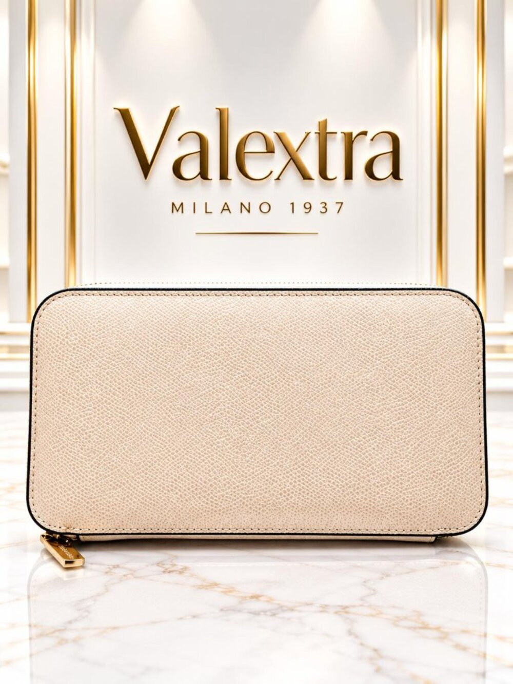 Authentic Valextra Ivory Millepunte Leather Zip Around Long Wallet Luxury Italy